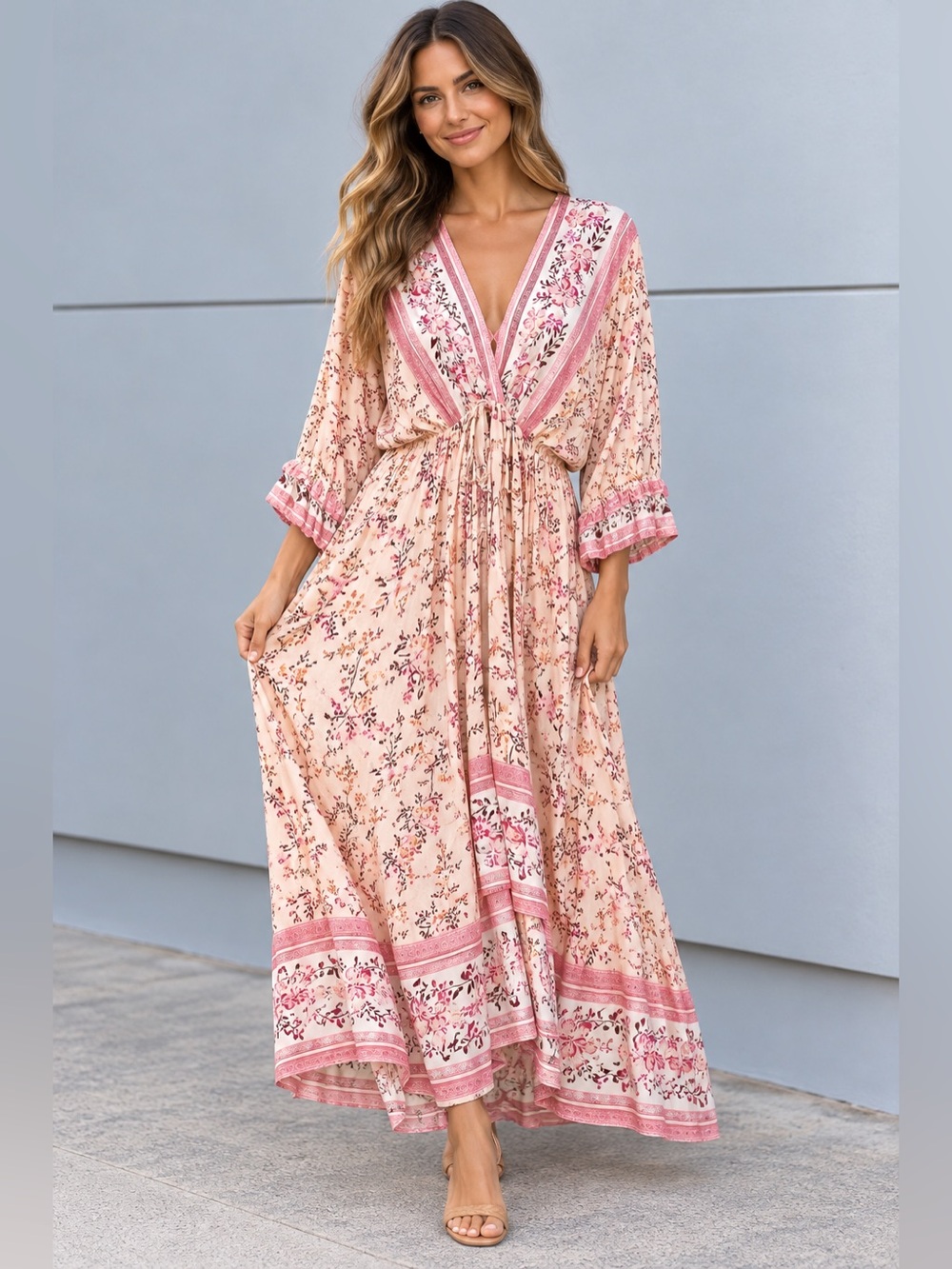 UMGEE XL Boho Floral Border Print Maxi Dress 100% Rayon Blush Pink & Cream